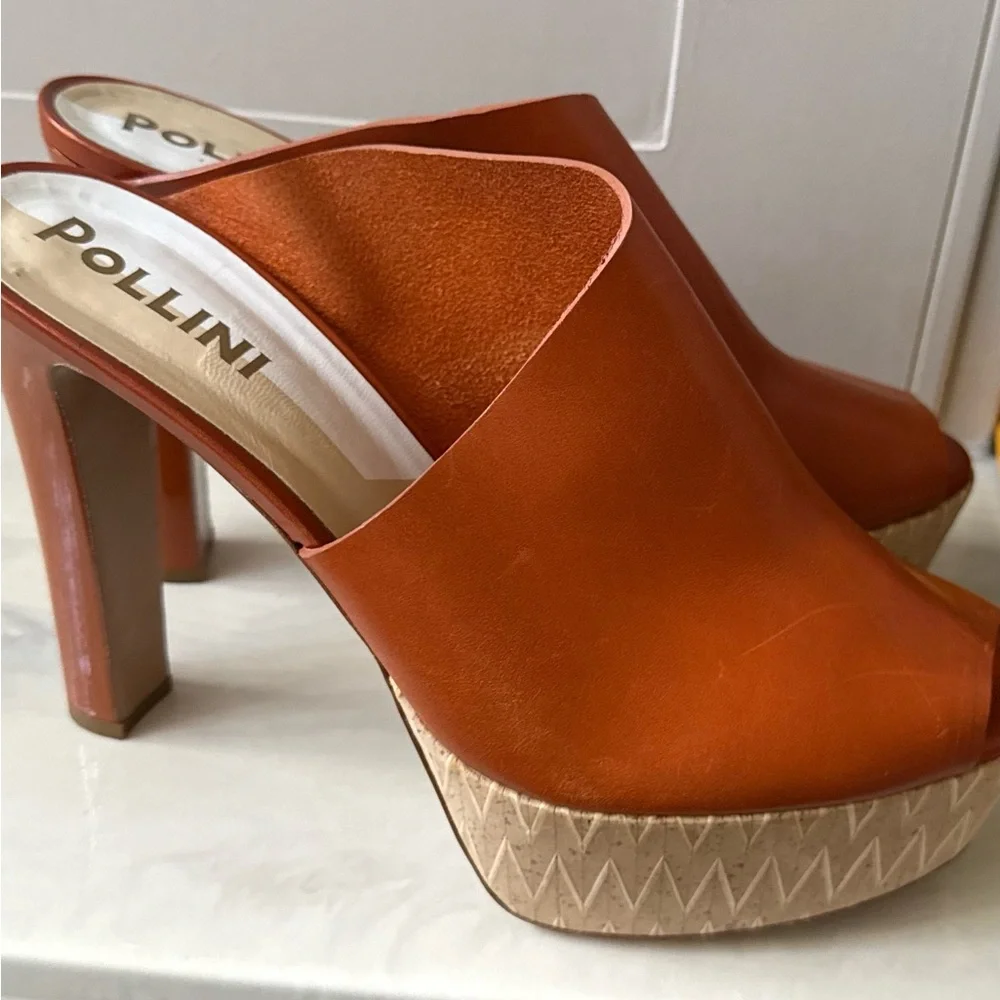 Pollini Terracotta Leather Platform Mule Heels